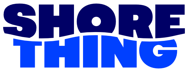 The Shore Thing logo. The two words are stacked with the top word in dark blue and the bottom word in light blue. The two words are divided with a wave pattern.