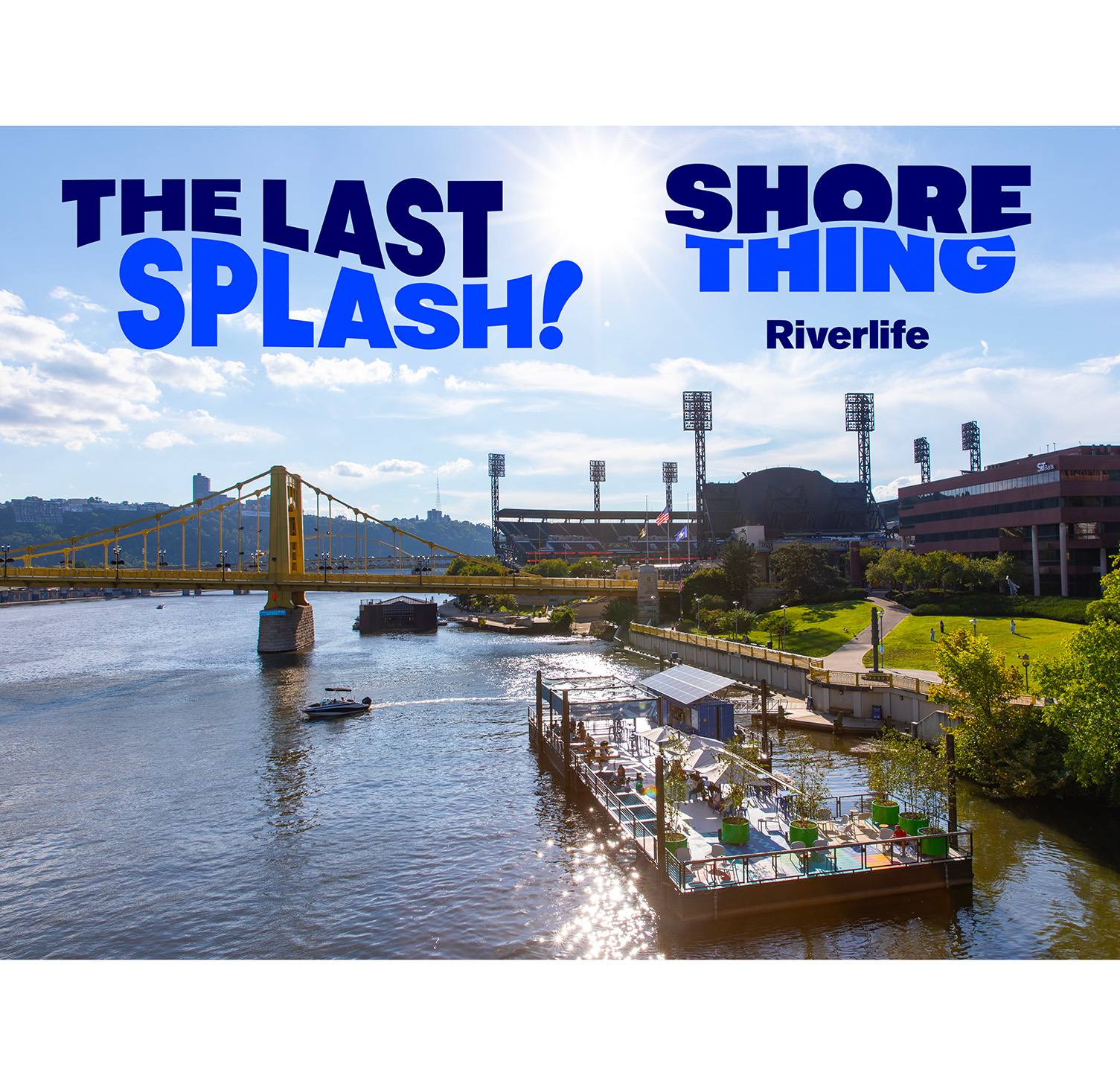 Photo of Shore Thing barge with text "The Last Splash"